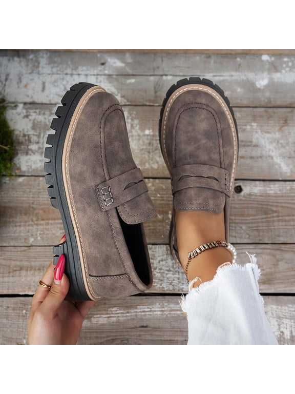 Womens Chunky Platform Loafers, Suede Leather Slip-On Comfortable Ladies Casual Dress Penny Shoes Coffee US7