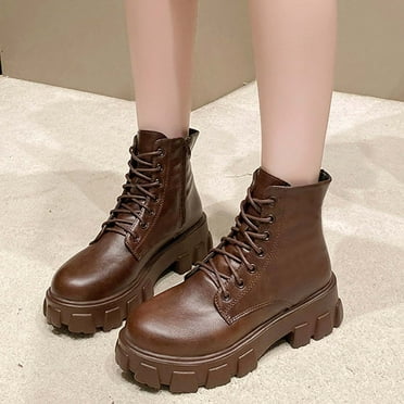 Viluyesy Womens Combat Booties, Thick Sole Lace Up Zipper Leather Fashion Mid Calf Moto Boots Brown US9