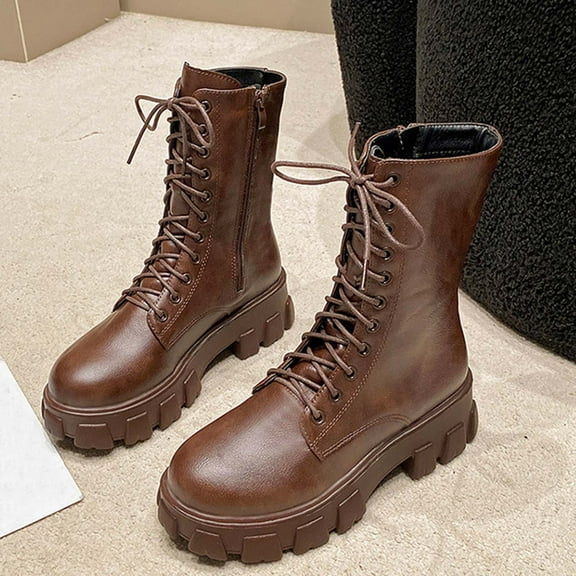 Viluyesy Womens Combat Boots, Lace Up Zipper Thick Sole Leather Fashion Mid Calf Moto Boots Brown US8.5