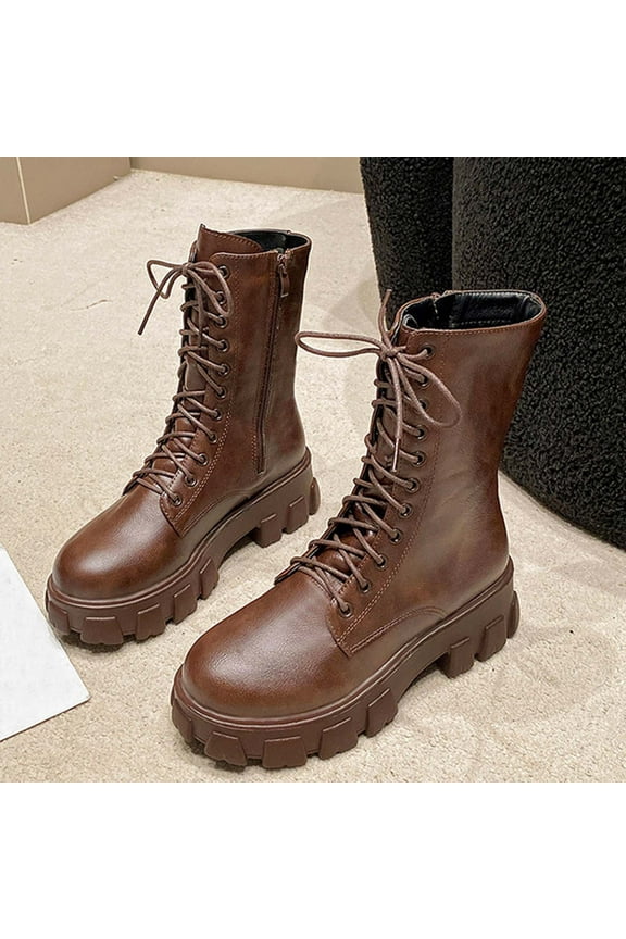 Womens Combat Boots, Lace Up Zipper Thick Sole Leather Fashion Mid Calf Moto Boots Brown US8.5