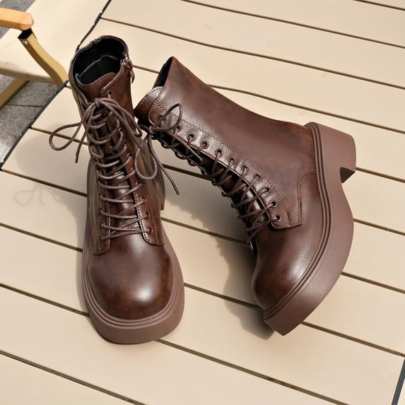 Viluyesy Womens Combat Boots Platform Lace Up Round Toe Faux Leather Comfortable Walking Casual Shoes Brown Size 8.5