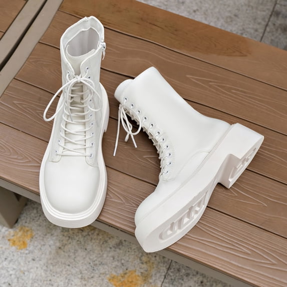 Viluyesy Womens Combat Boots Platform Lace Up Round Toe Faux Leather Comfortable Walking Casual Shoes White Size 5