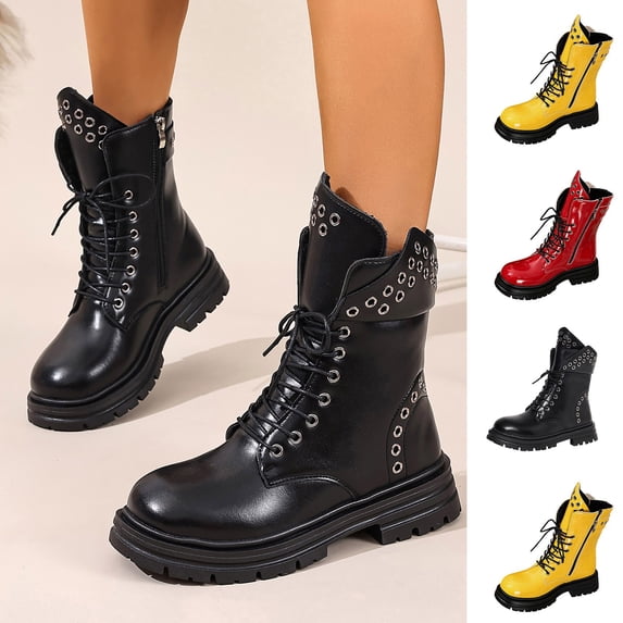 Viluyesy Womens Combat Platform Boots Lace Up Chunky Heel Side Zipper Grommet Detail Non Slip Casual Shoes Black Size 7