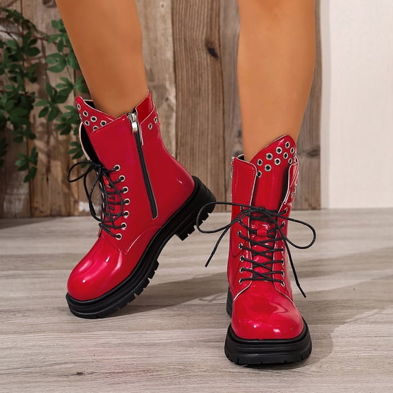Viluyesy Womens Combat Platform Boots Lace Up Chunky Heel Side Zipper Grommet Detail Non Slip Casual Shoes Wine Size 7
