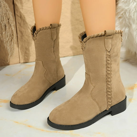 Viluyesy Womens Comfort Boots, Low Heels Round Toe Wide Calf Fall Winter Retro Suede Boots Khaki US9