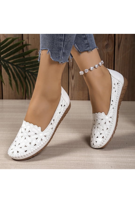 Womens Comfort Loafers, Slip-On Floral Beathable Soft Sole Lightweight Casual Work Walking Flats White