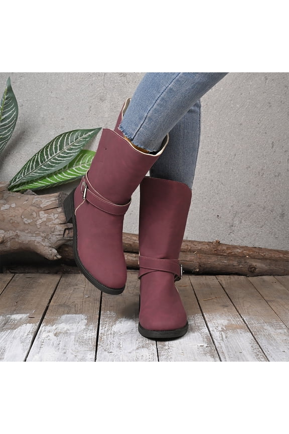 Womens Cowboy Boots, Low Heels Fashion Buckle Wide-Calf Western Cowgirl Boots Hot Pink US7