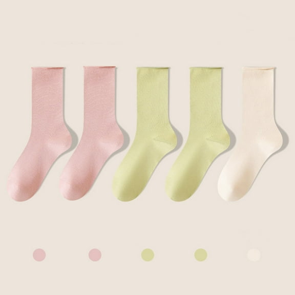 Viluyesy Womens Crew Socks 5 Pairs, Mid-Tube Breathable Cotton Stretch Solid Basic Long Socks Pink