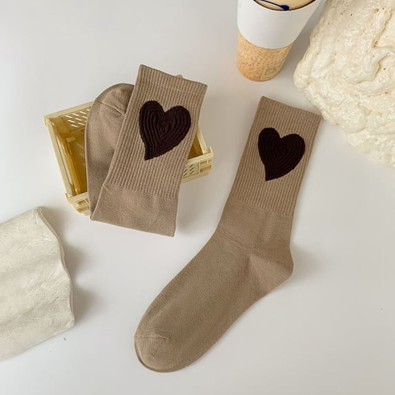 Viluyesy Womens Crew Socks, Comfort Breathable Non Slip Cotton Fashion Hearts Mid-Tube Socks Khaki
