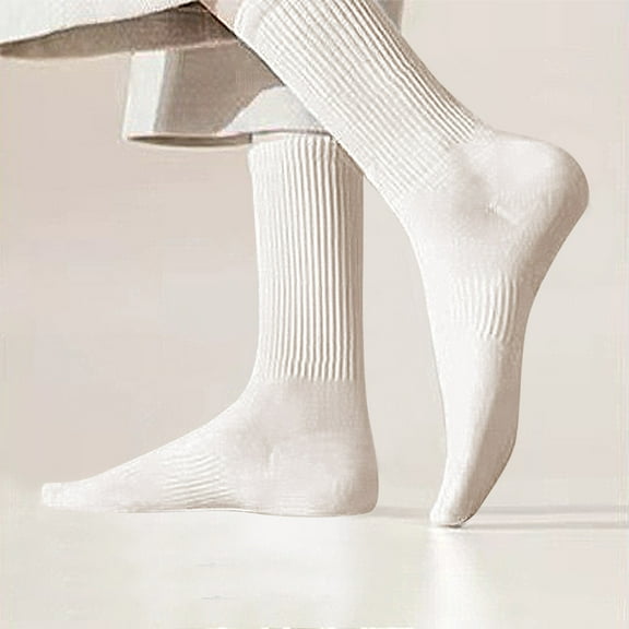 Viluyesy Womens Crew Socks, Knitted Cotton Breathable Stretch Non Slip Solid Basic Mid-Tube Socks White