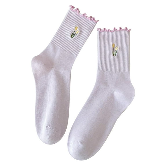 Viluyesy Womens Crew Socks, Non Slip Embroidered Floral Breathable Stretch Cotton Socks Purple