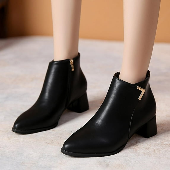 Viluyesy Womens Dress Boots, Pointed Toe Wide Calf Side Zipper Chunky Heels Ankle Booties Black