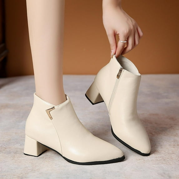 Viluyesy Womens Dress Boots, Wide Calf Pointed Toe Side Zipper Chunky Heels Ankle Booties Beige
