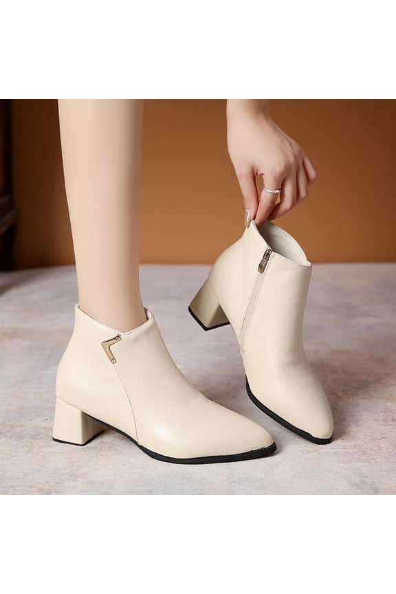 Womens Dress Boots, Wide Calf Side Zipper Pointed Toe Chunky Heels Ankle Booties Beige