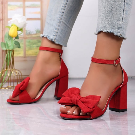 Viluyesy Womens Dress Sandals, Chunky Heels Ankle Strap Bow Open Toe Ladies Wedding Evening Pumps Shoes Red US7