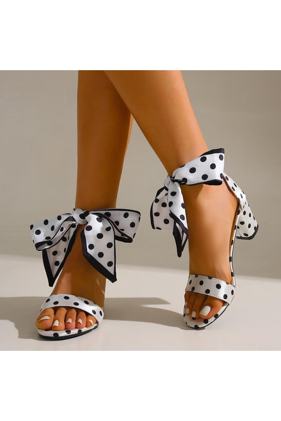 Womens Dress Sandals, Chunky Heels Polka Dot Lace Up Open Toe 2026 Wedding Evening Pumps Shoes White US6
