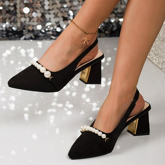 Viluyesy Womens Dress Sandals, Chunky Heels Slingback Pearls Pointed Toe Elegant Party Wedding Shoes Black US5.5
