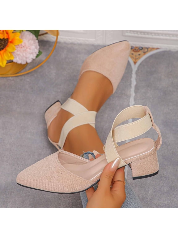 Womens Dress Shoes, Pointed Toe Chunky Heels Wide Width Elegant Party Wedding Pump Shoes Beige US8.5