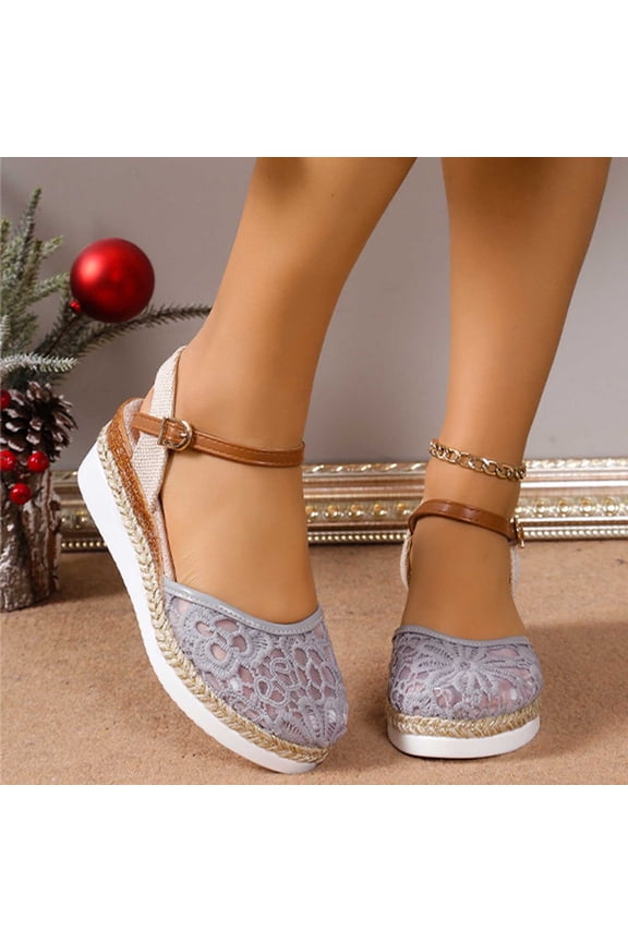Womens Espadrilles Sandals, Ankle Strap Closed Toe Floral Mesh Summer Wedge Shoes Gray