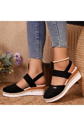 Womens Espadrilles Sandals, Closed Toe Solid Wide Width Summer Wedge Sandals Black