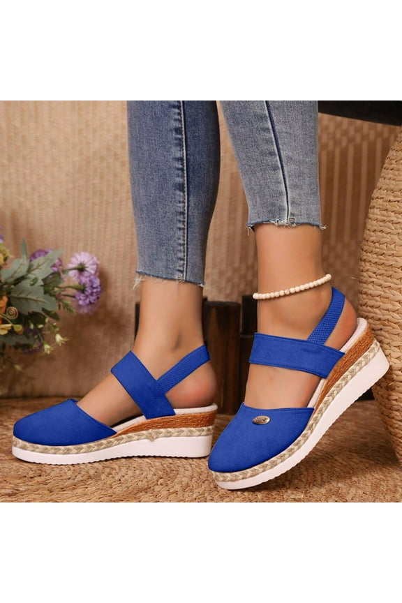 Viluyesy Womens Espadrilles Sandals, Closed Toe Solid Wide Width Summer Wedge Sandals Blue