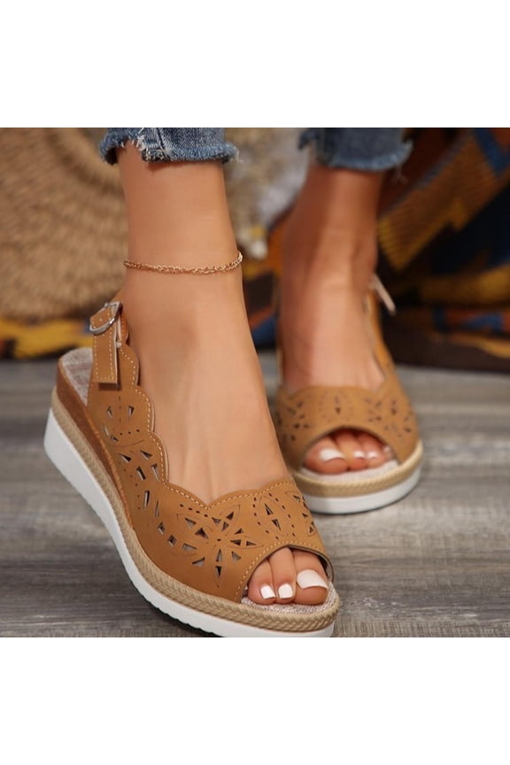 Womens Espadrilles Sandals, Ruffles Hollow Mid Heels Open Toe Summer Wedge Sandals Brown