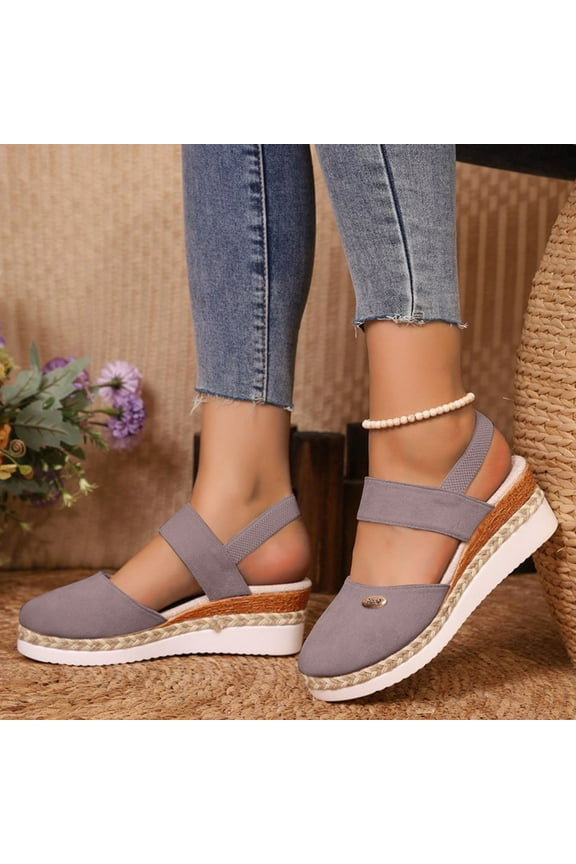 Viluyesy Womens Espadrilles Sandals, Solid Wide Width Closed Toe Summer Wedge Sandals Gray