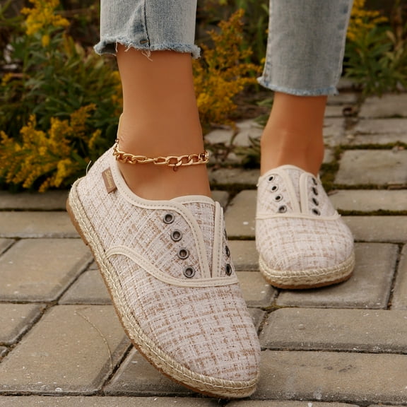 Viluyesy Womens Fashion Sneaker, Mesh Breathable Low Vamp Strolling Flat Slip-On Shoes Beige US6.5