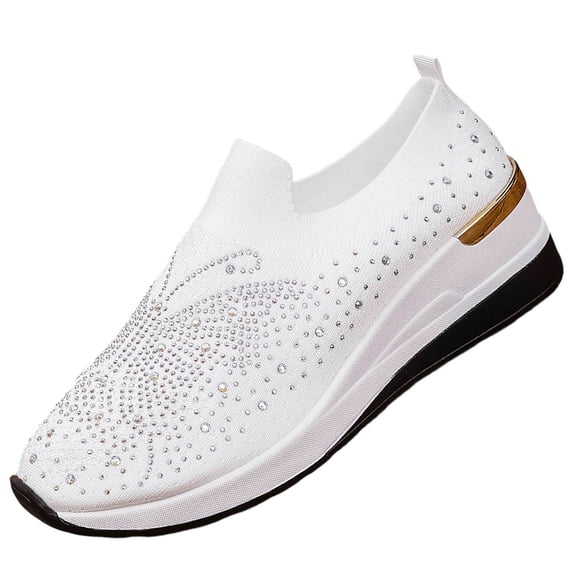 Viluyesy Womens Fashion Sneakers, Rhinestone Breathable Soft Sole Wedge Heels 2026 Slip-On Comfortable Shoes White
