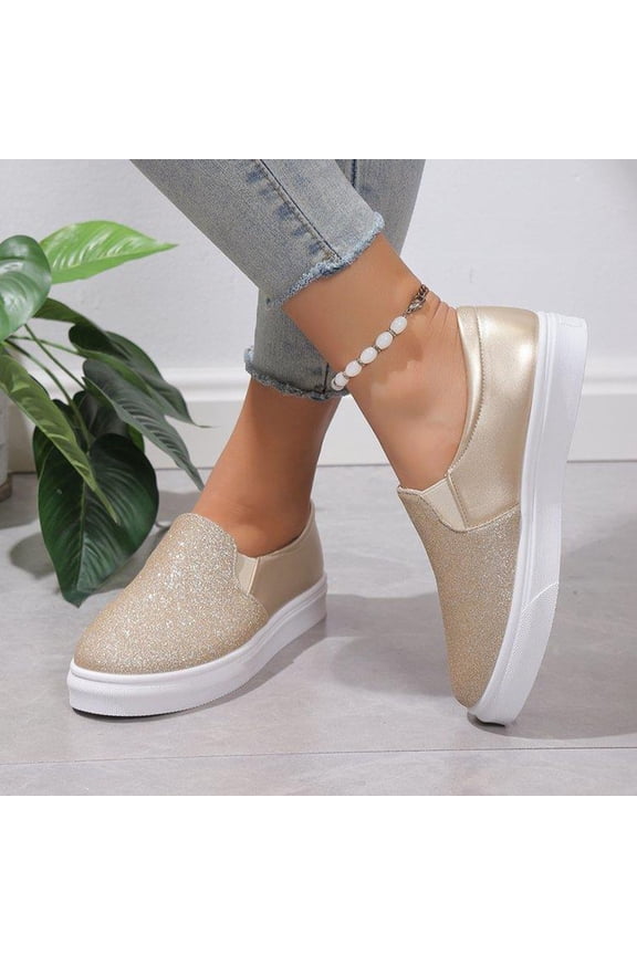 Womens Flat Loafers, Round Toe Glitter PU Leather Thick Sole Fashion Causal Shoes Gold US7