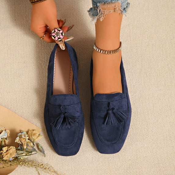 Viluyesy Womens Flat Loafers, Square Toe Slip-On Soft Sole Casual & Business Comfortable Shoes Blue US7.5