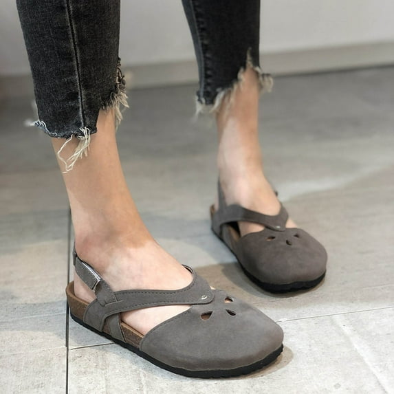 Viluyesy Womens Flat Sandals, Ankle Strap Closed Toe Breathable Comfort Cork Footbed Shoes Gray