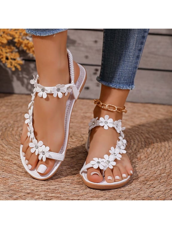 Womens Flat Sandals, Floral Strappy Summer Fashion Split Open Toe 2026 Bohemian Beach Shoes White US9