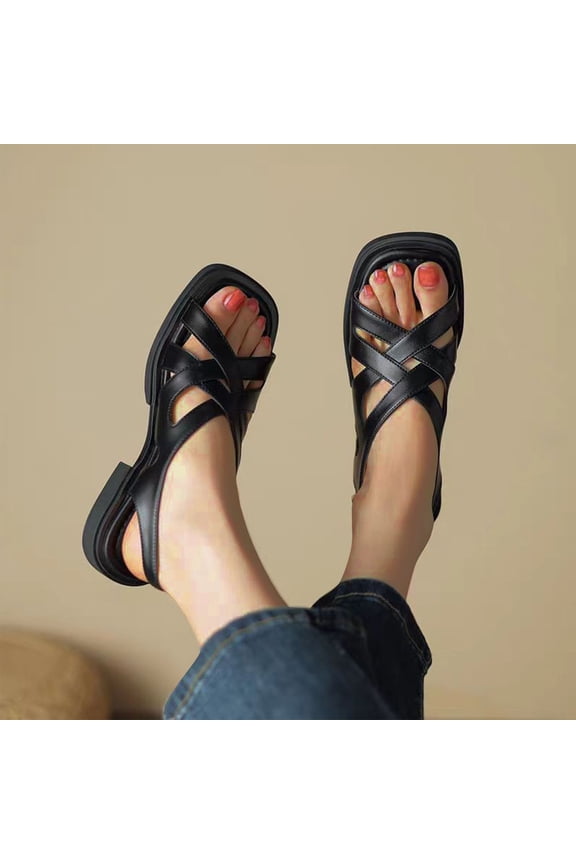 Womens Flat Sandals, Square Toe Ankle Strap Wide Width Beach Espadrilles Sandals Black