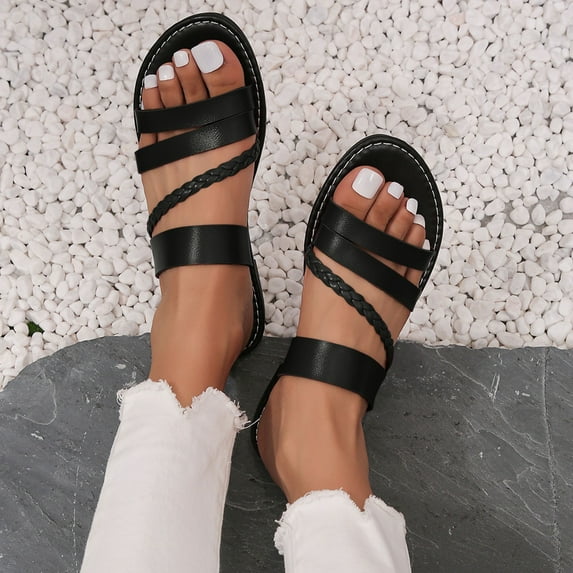 Viluyesy Womens Flat Sandals, Trendy Weave Leather Slip-On Open Toe Summer Casual Beach Slippers Black 6