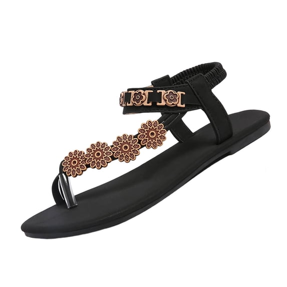 Viluyesy Womens Flat Sandals, Wide Width Clip Toe Bohemian Floral Summer 2026 Fashion Beach Sandals Black US9.5