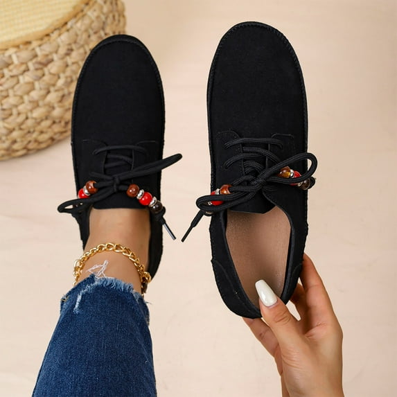 Viluyesy Womens Flat Shoes, Round Toe Soft Sole Retro Lace Up Casual Comfortable Shoes Black US7
