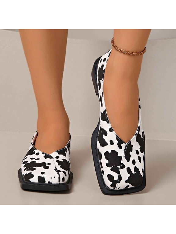 Womens Flats Square Toe Cow Print Deep V Cut Slip On Lightweight Fashion Everyday Casual Comfort Flat Shoes White Size US7.5