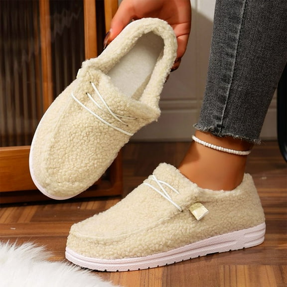 Viluyesy Womens Fleece Loafers, Fashion 2025 Thick Warm Soft Soled Winter Casual Flat Shoes Beige US8.5