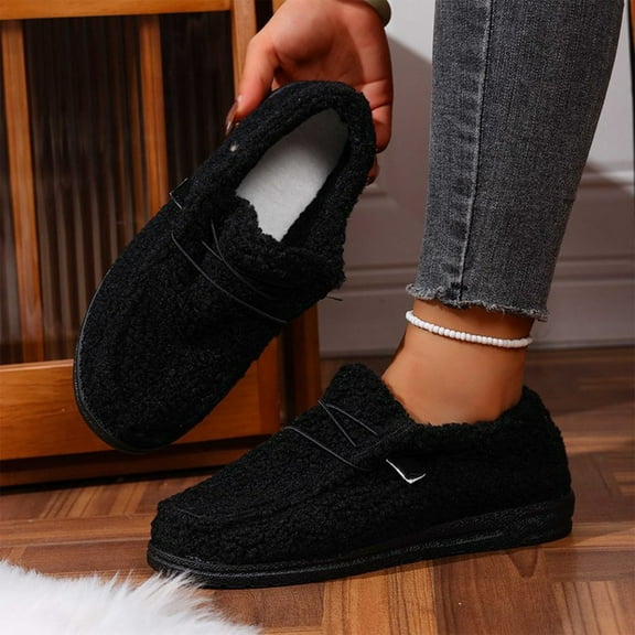 Viluyesy Womens Fleece Loafers, Fashion 2025 Thick Warm Soft Soled Winter Casual Flat Shoes Black US8.5