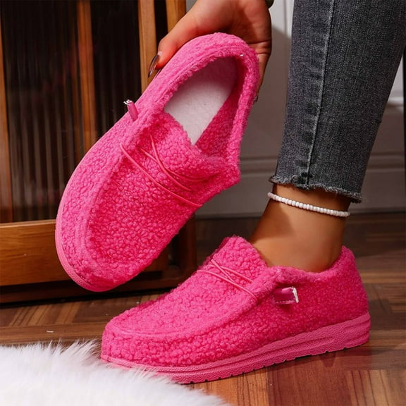 Viluyesy Womens Fleece Loafers, Soft Soled Thick Warm Fashion 2025 Winter Casual Flat Shoes Hot Pink US6