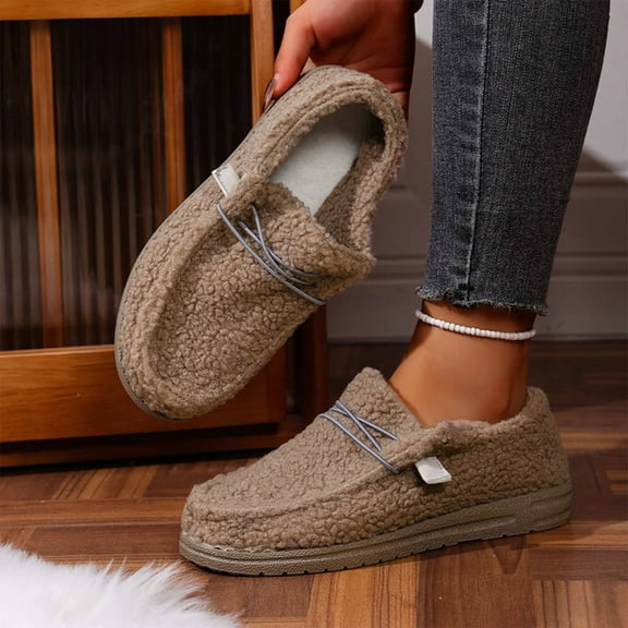 Viluyesy Womens Fleece Loafers, Thick Warm Fashion 2025 Soft Soled Winter Casual Flat Shoes Brown US6