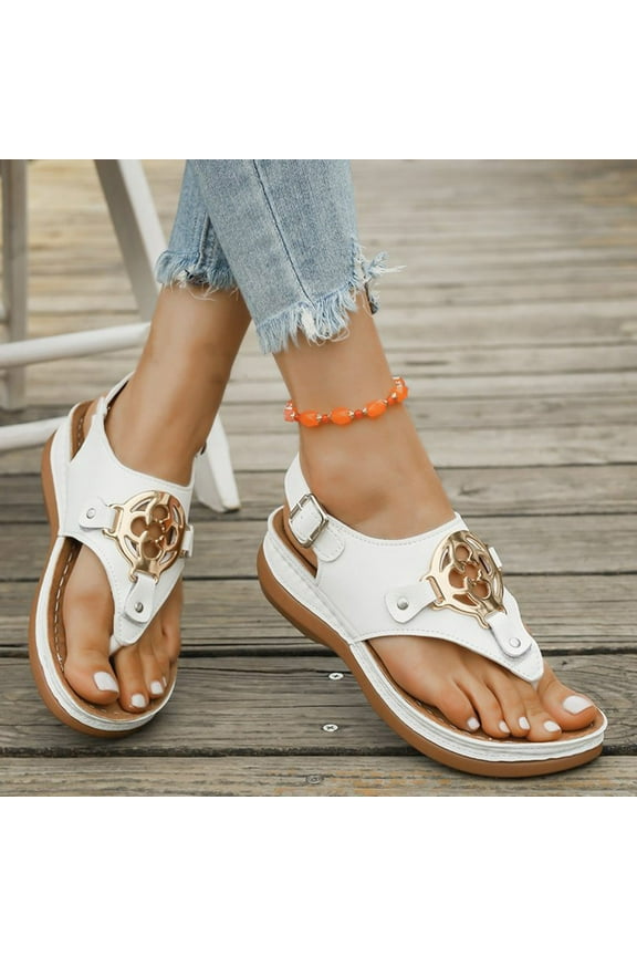 Womens Flip Flop Sandals, Wide Width Adjustable Buckle Soft Sole Summer Casual Beach Flat Slippers White