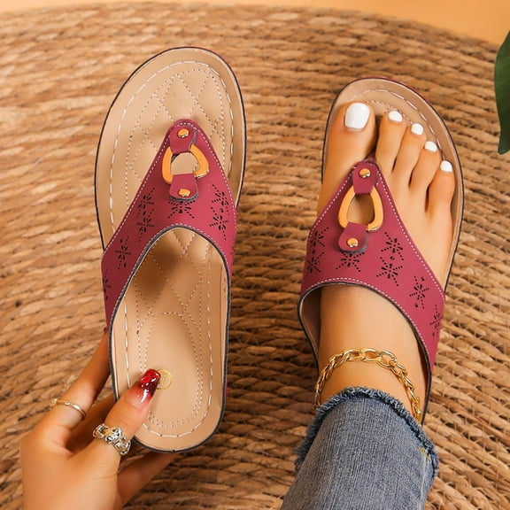 Viluyesy Womens Flip Flop Sandals, Wide Width Soft Sole Hollow Up Comfortable Slip-On Slides Slippers Wine