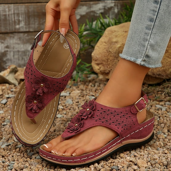 Viluyesy Womens Flip Flops Sandals, Ankle Strap Wide Width Arch Support Casual Wedge Shoes Red