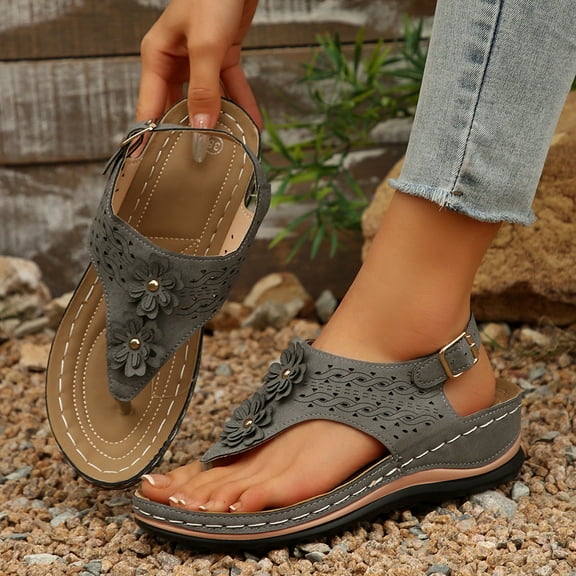 Viluyesy Womens Flip Flops Sandals, Arch Support Ankle Strap Wide Width Casual Wedge Shoes Gray