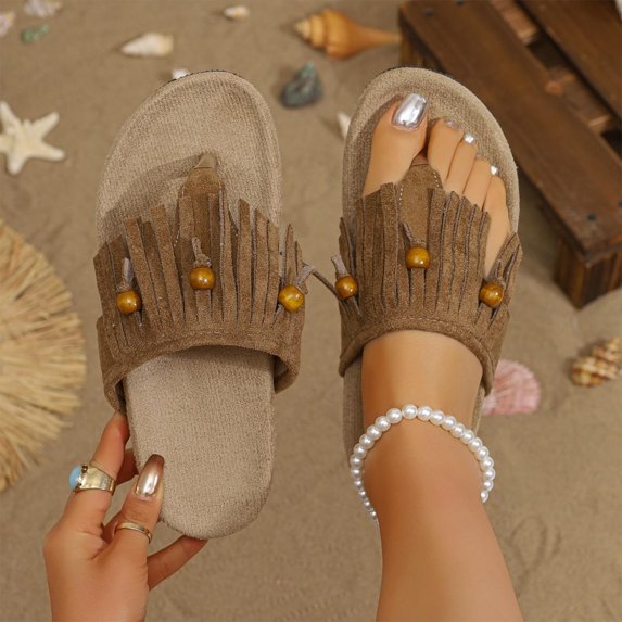 Viluyesy Womens Flip Flops Sandals, Comfortable Wide Width Trendy Tassel Summer Beach Casual Outdoor Slippers Brown US7.5