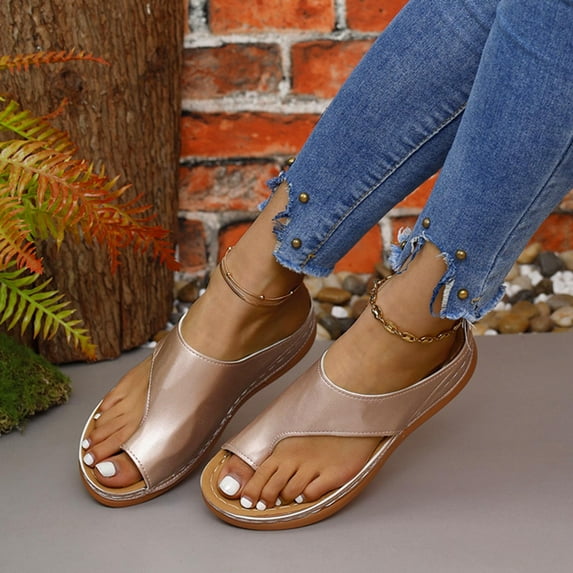 Viluyesy Womens Flip Flops, Solid Color Wide Width Arch Support Beach Wedge Slippers Rose Gold