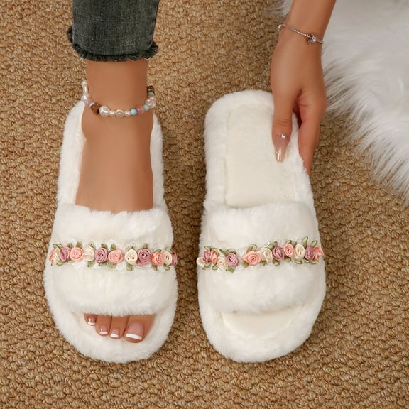 Viluyesy Womens Floral Fuzzy Slippers, House Warm Plush Soft Sole Open Toe Slip-On Trendy Indoor Slippers White