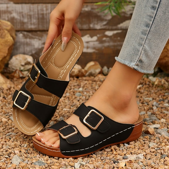 Viluyesy Womens Footbed Sandals, Casual Comfort Arch Support Open Toe Buckle Outdoor Slippers Black